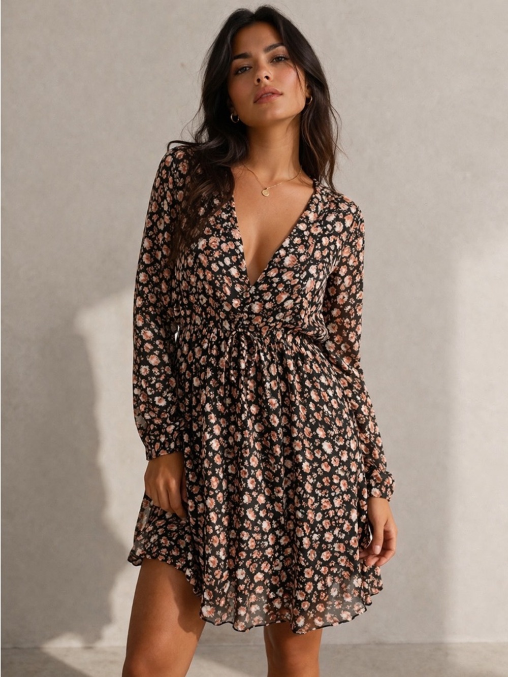 Zara Floral Babydoll Dress Drawstring Waist‎ Black Orange Large Romantic Floral